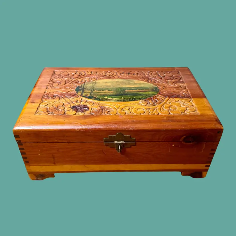 10"x6.5"x4" Vintage Cedar Wood Hand Carved Dresser Keepsake Box, Landscape