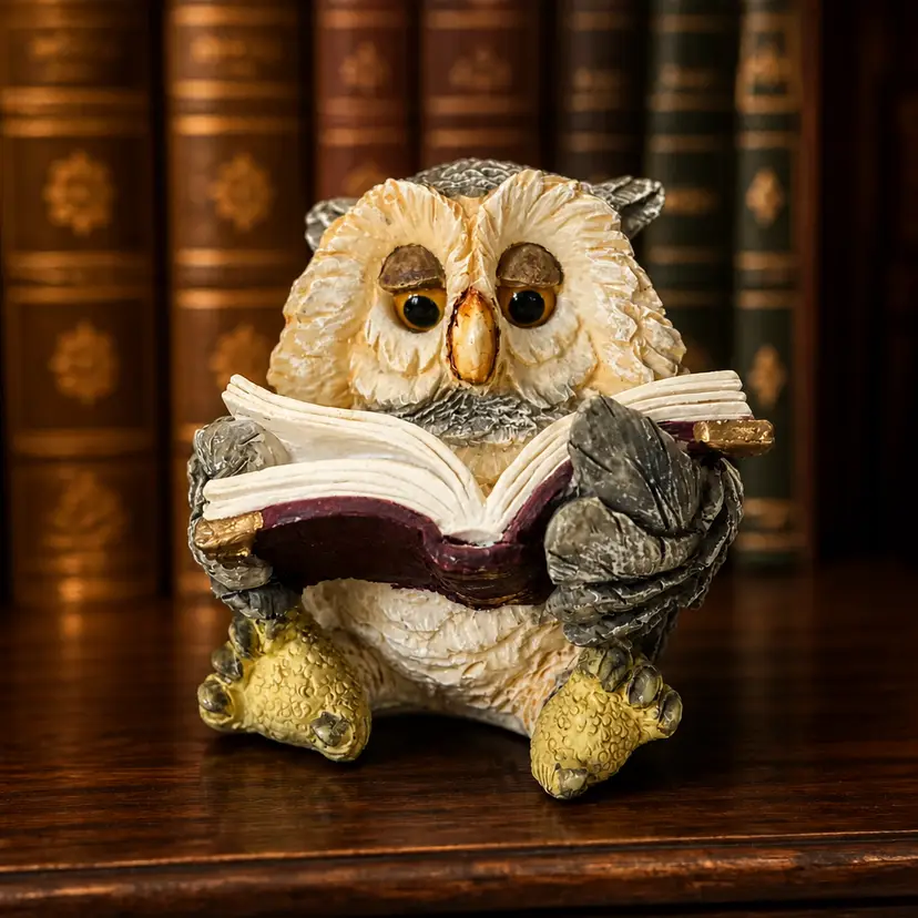 Resin Owl Figurine Reading a Book, 3"