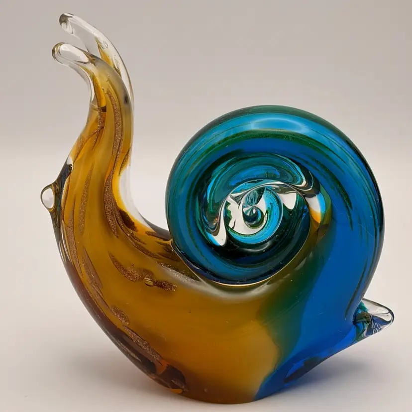 Art Glass, Snail Figurine/Paperweight, Blue, Caramel Brown with Gold Frit Flakes