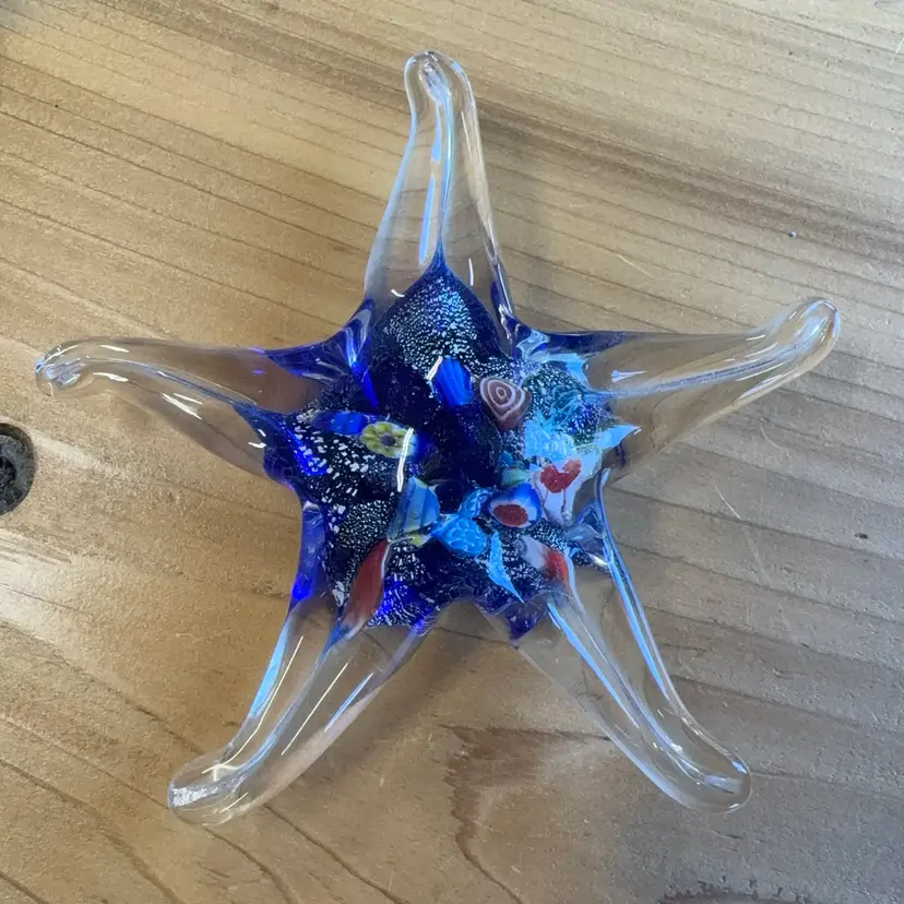 Blue Blown Glass Starfish With Millefiori And Silver 5 1/2”