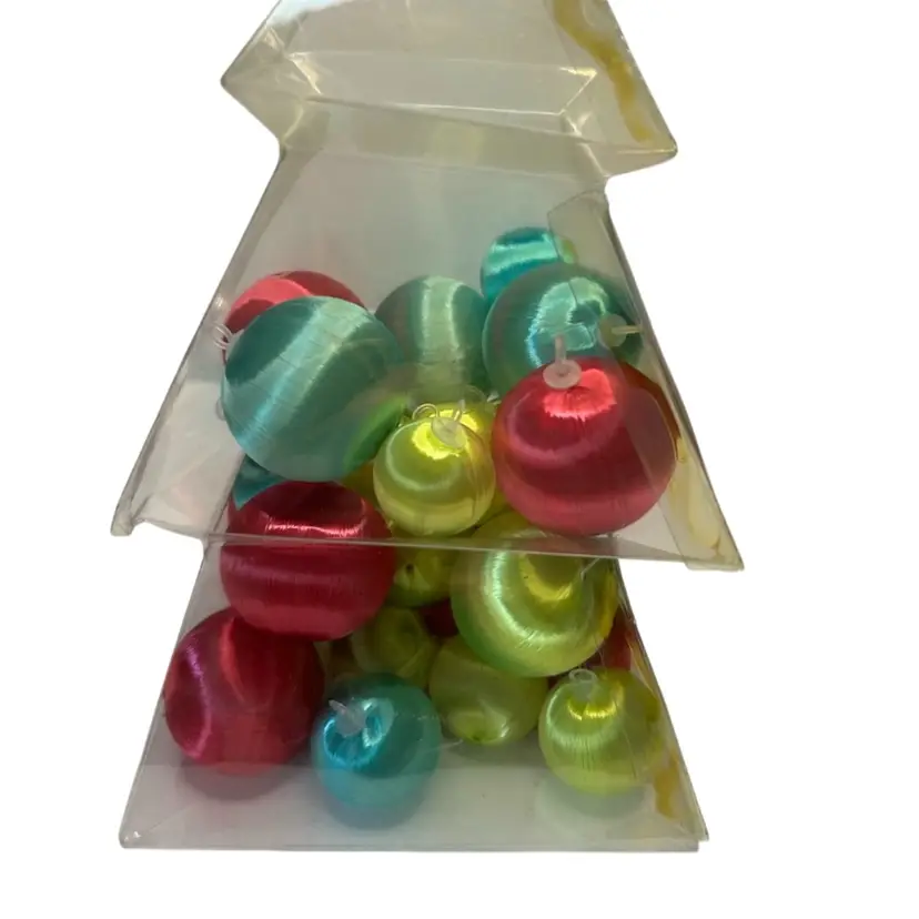 Mini And Small Vintage Satin Christmas Balls In Christmas Tree Shaped Container Over 30 Count 9” Tall