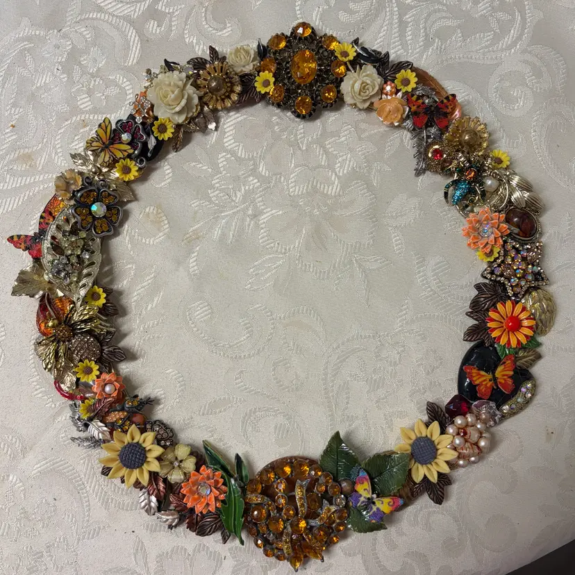 Fall  Upcycled Jewelry Wreath - Original Arctic Angel Art - OOAC - About 10” Diameter
