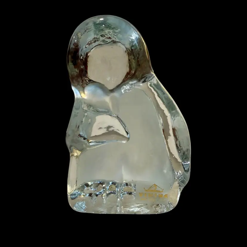 Vintage Viking USA Art Glass Penguin Sculpture Figurine Clear and Frosted Original Sticker