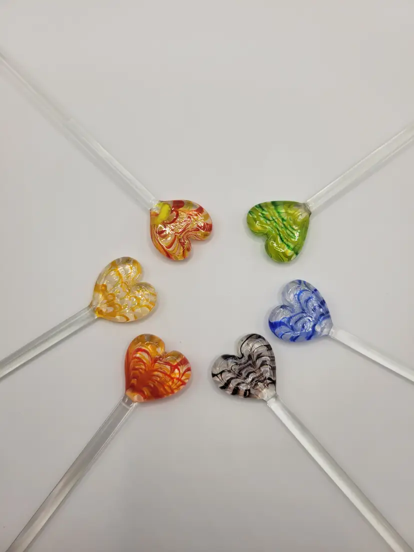Handcrafted Art Glass Heart Swizzle Sticks Drink Stirrers Set of 6 Colorful