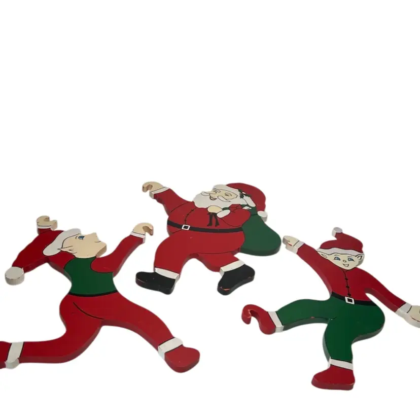 Set Of 3 Vintage Wooden Hanging Christmas Decor Santa And 2 Elves 
@ 10” Tall
