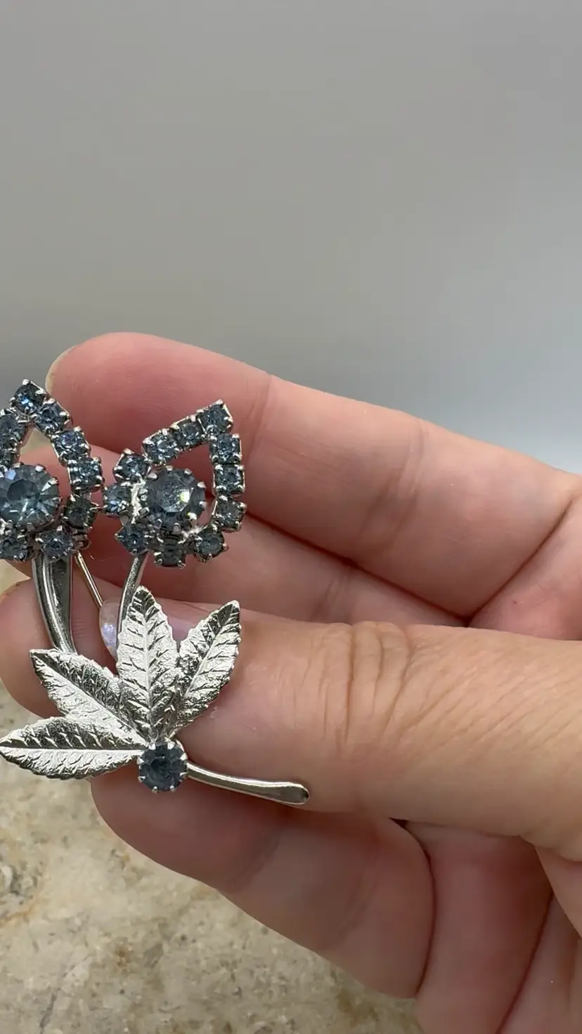 Vintage Mid-Century Blue Rhinestone Floral Brooch Pin, Silver-Tone Bouquet