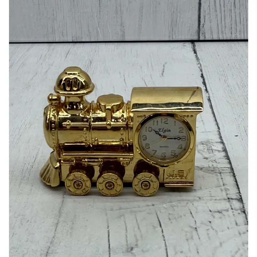 Elgin Mini Train Gold Tone Clock Moving Wheels Miniature Novelty NEW Battery
