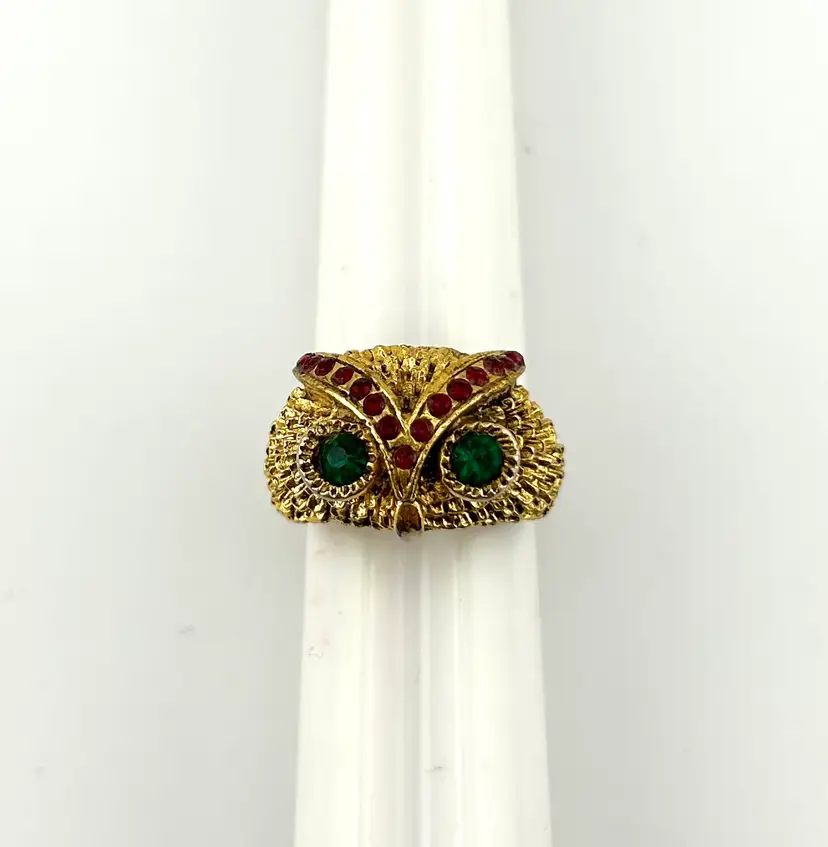 Gold Tone Adjustable Rhinestone Owl Ring