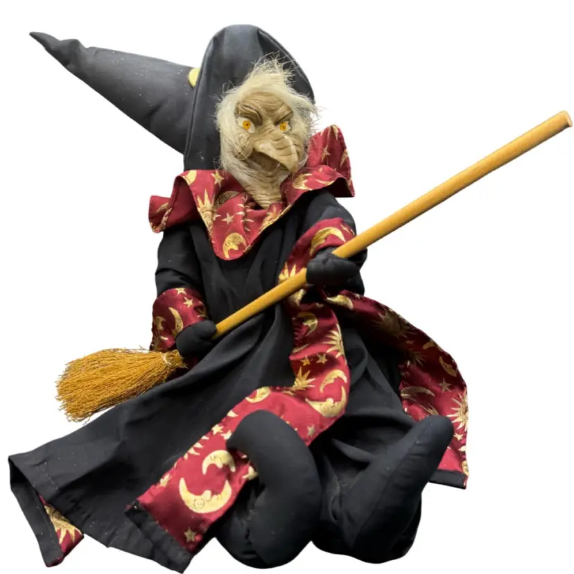 Amazing Ugly Vintage Witch With Broomstick & Celestial Robe 15”