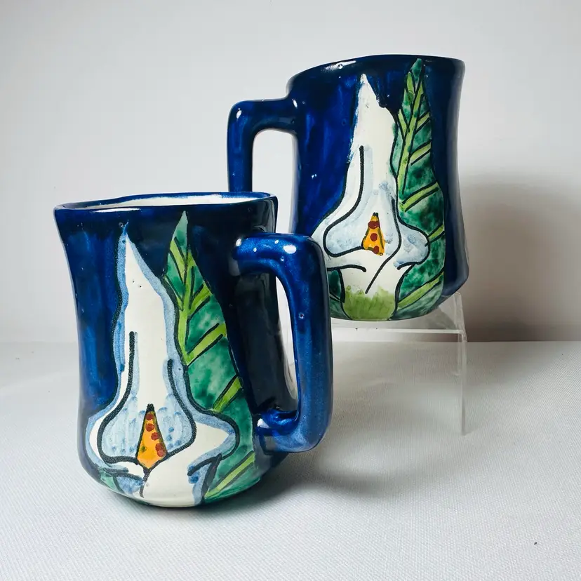 Vintage Hand-painted Mexican Talavera Mugs Featuring A Calla Lily Design