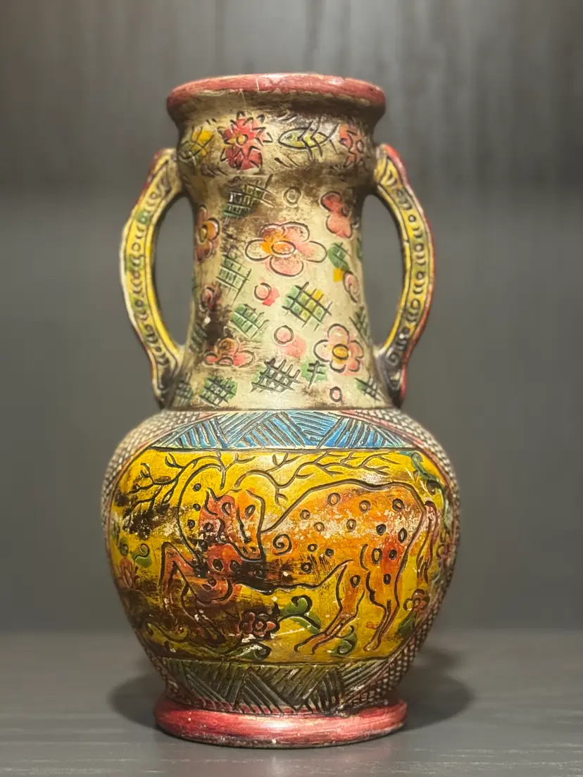 Japanese Majolica-Style Double-handled Pottery Vase with Persian Motif