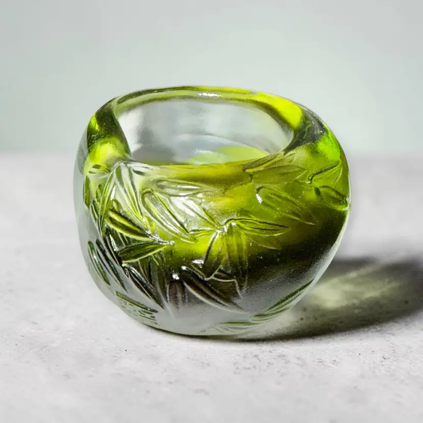 LIULIGONGFANG Pate de Verre Small Chinese Crystal Floral Bowl Green Signed