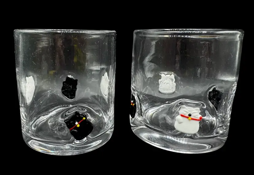 Set of 2 World Market Inlay Double Old Fashioned Glass Lucky Cat Maneki Neko