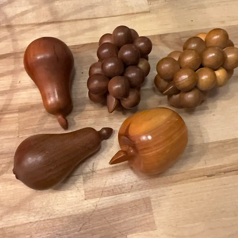 Hand Carved Mid-Century Wooden Fruit Set