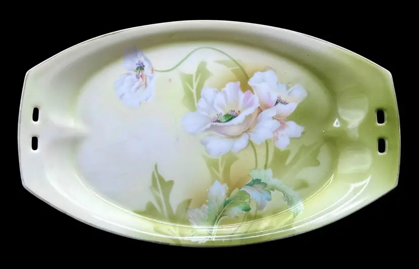 Vintage RS Germany Porcelain Handled Serving Tray Platter Dish Floral Green
