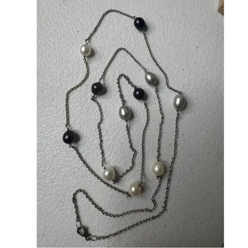 Vintage Silver Tone  38" Genuine Multi-Color Freshwater Pearl Station Necklace