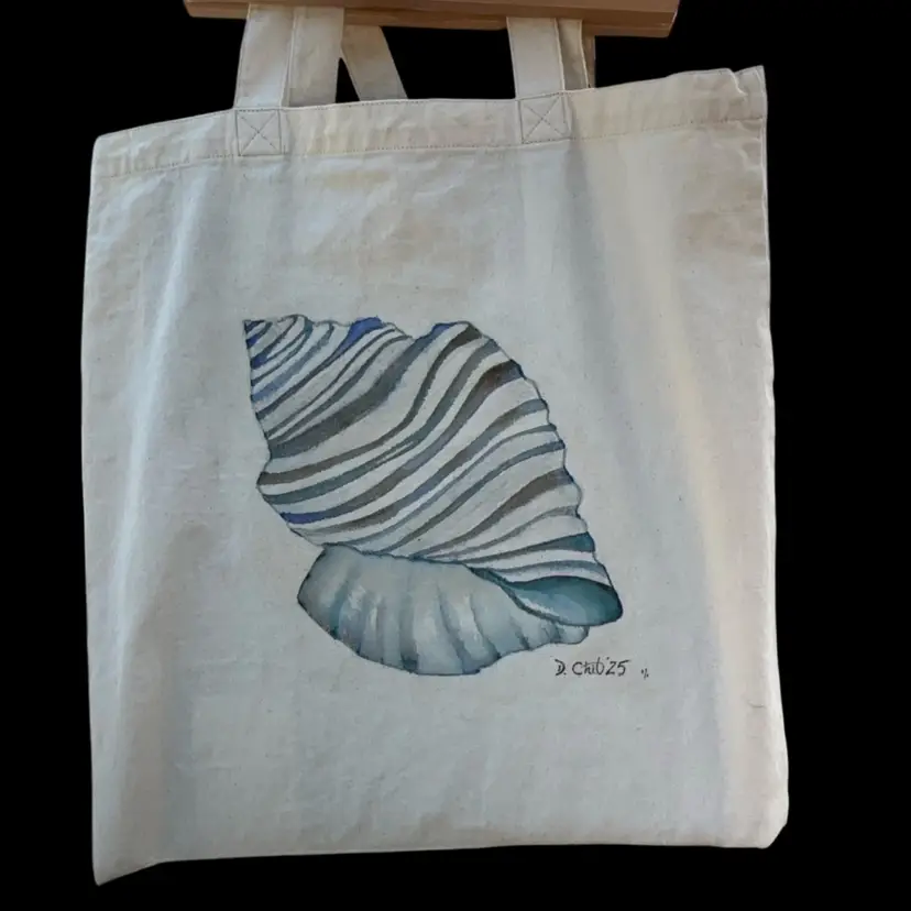 Coastal Theme Card, And Whale Charmed Tote Bag 14.5”x14.5” Cotton Canvas with Double Sided Original Watercolor Artwork, One Side Is Blue Toned Seashell And Other side Is Blue Sail Boat Riding The Blue Waves.