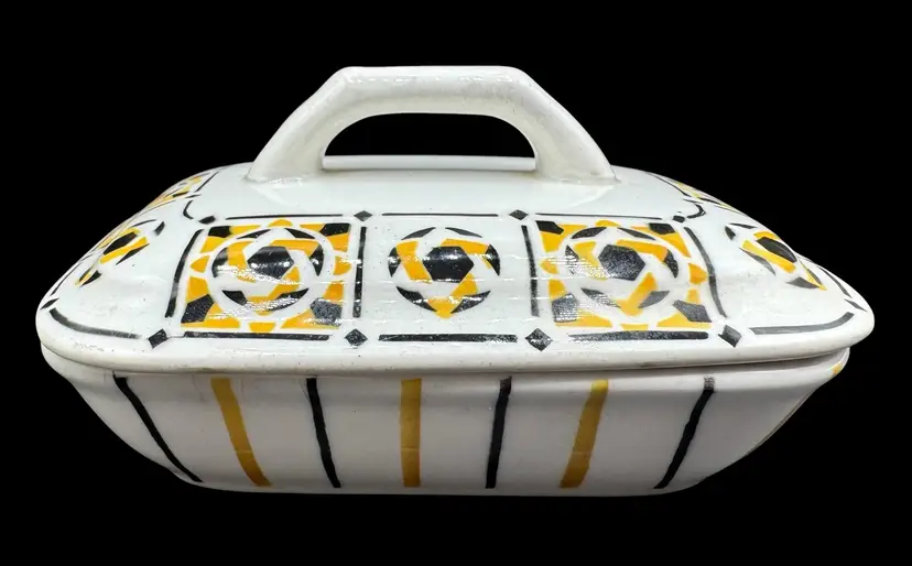 Antique Art Deco Porcelain Lidded Soap Trinket Dish Tray Box Yellow Black White