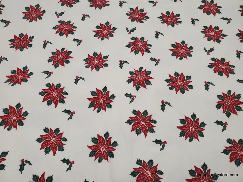 Red and Green Poinsettia on White Flannel Fabric Remnant - 100% Cotton - Choose Size - Soft Craft & Quilting Fabric