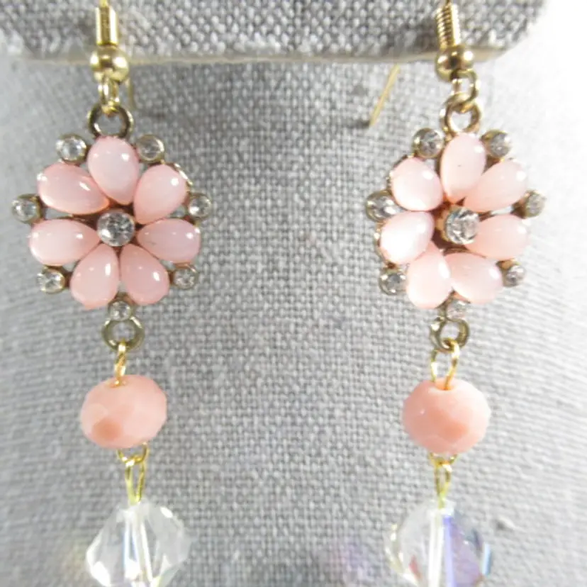Vintage Pink Floral Crystal Drop Earrings