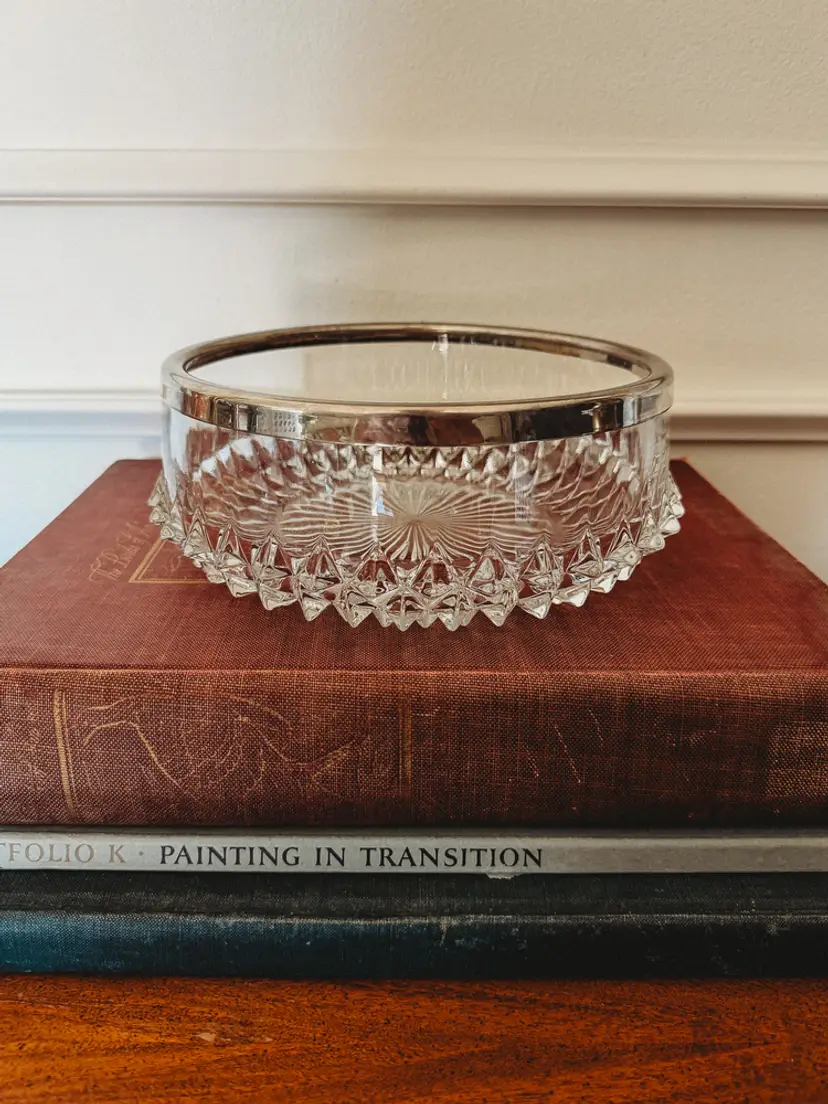 Clear Glass Bowl Made in England, Rim Silver Plated
