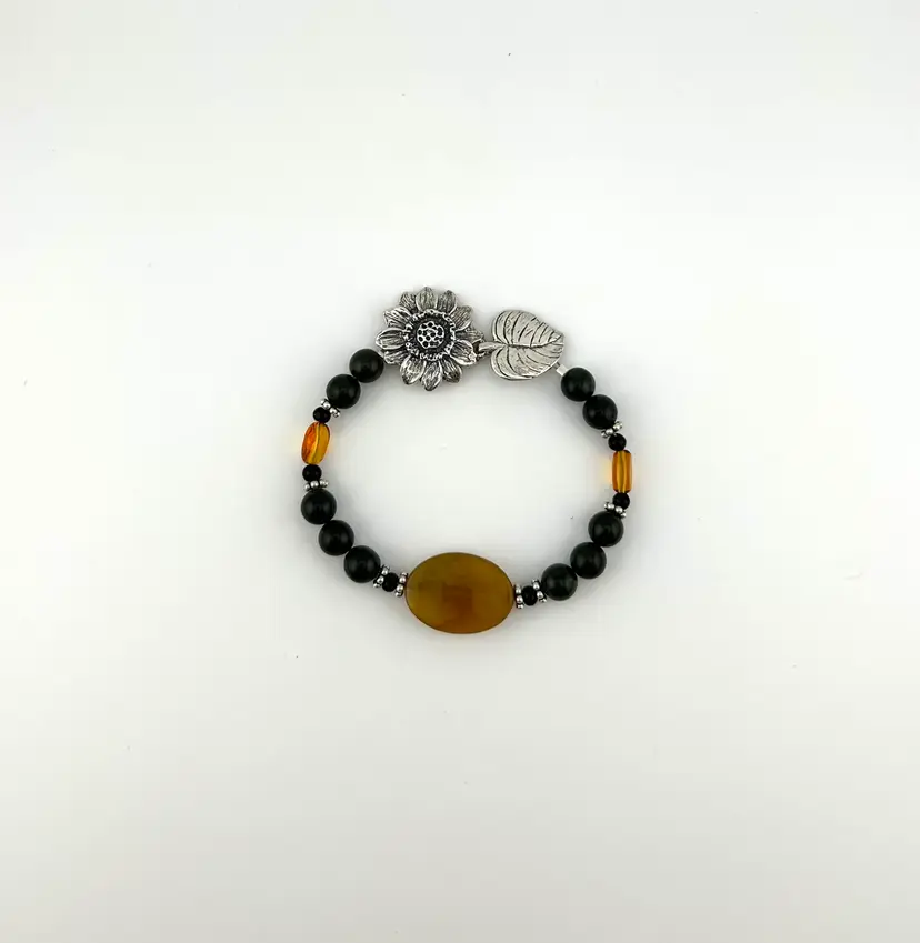 Semi Precious Stone Bracelet With Sterling Sunflower Clasp 7.5”