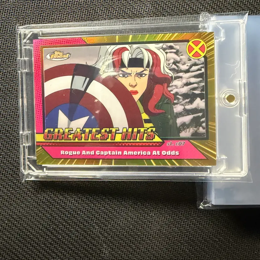 2025 Topps Finest Marvel, Greatest Hits Rogue And Captain America At Odds /50 + Mag & Bag