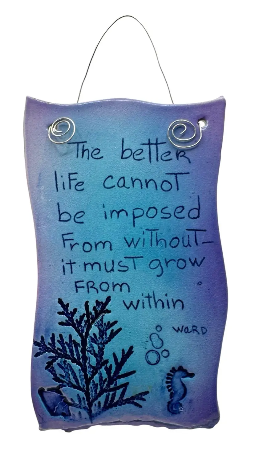 Signed Studio Art Pottery Wall Plaque Sign Inspirational Quote Blue Purple Water