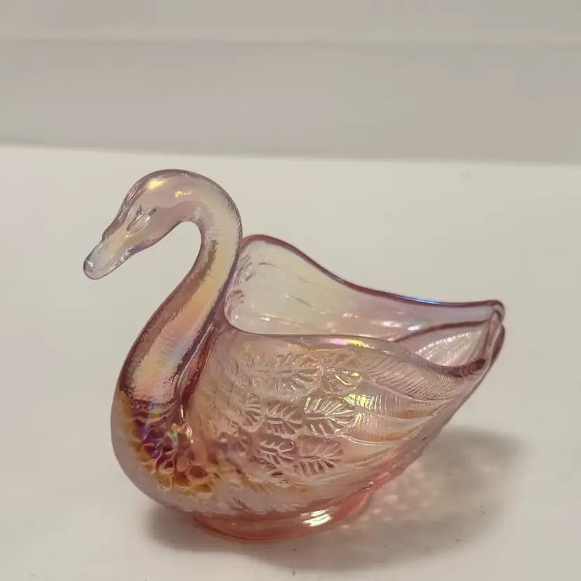 Fenton Pink Swan Trinket Candy Nut Dish Glass Opalescent Figurine Iridescent