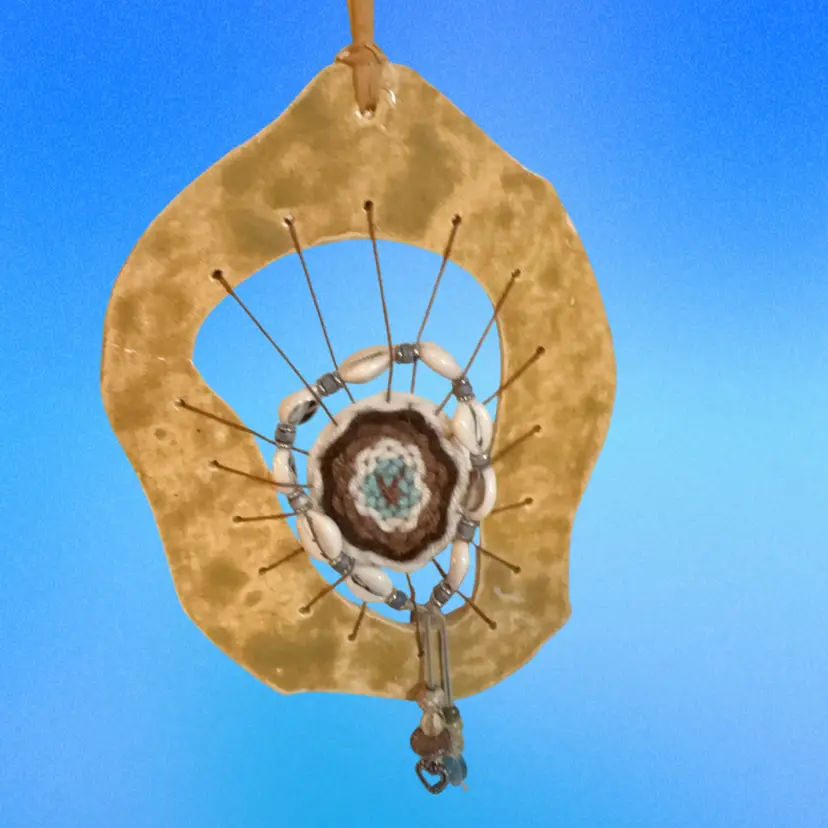 Handmade Dream Catcher With Pottery Frame Dated 2017 With Shell And Bead Embellishment 8” Tall