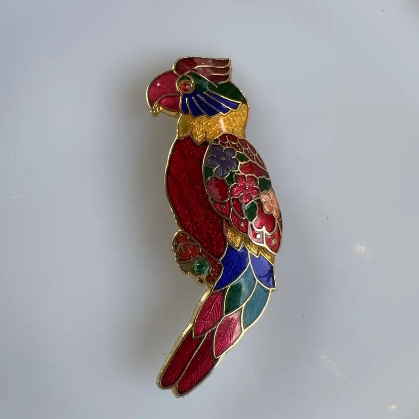 Vintage 2.5” Cloisonné Enamel Parrot Brooch