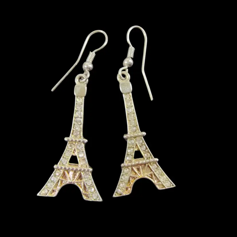Silver Tone Rhinestone Eiffel Tower Hook Earrings 1.25”