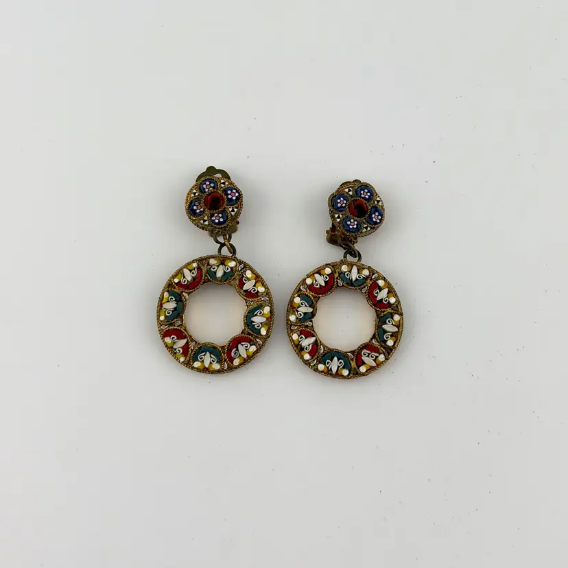 Vintage Gold Tone Micro Mosaic Clip-on Earrings 2”