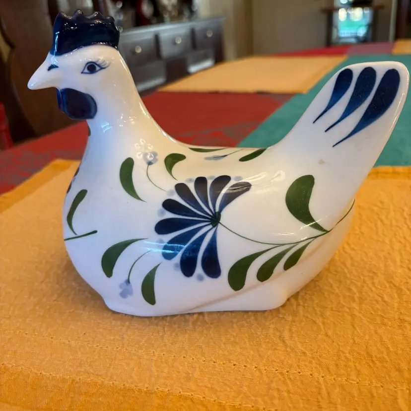 Large Vintage Dansk Sage Song Chicken Hen Figurine - Blue & White with Green