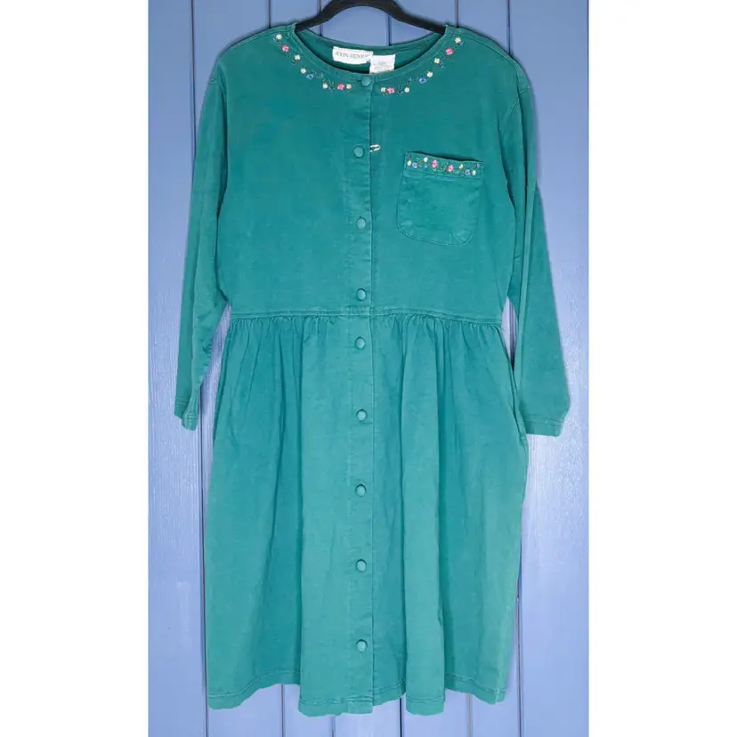 Vintage Green Dress with Floral Trim Fits Sz Medium Large Prairie Cottagecore