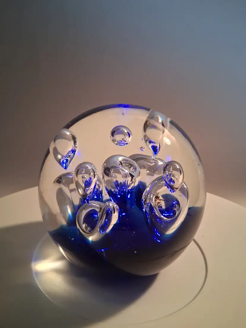 Vintage Art Glass Air-Trap Cobalt & Clear Magnum Paperweight