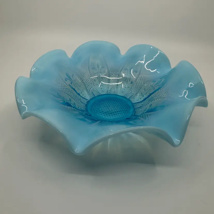Antique Northwood Blue Opalescent Diamond Point Fleur de Lis Bowl Glows