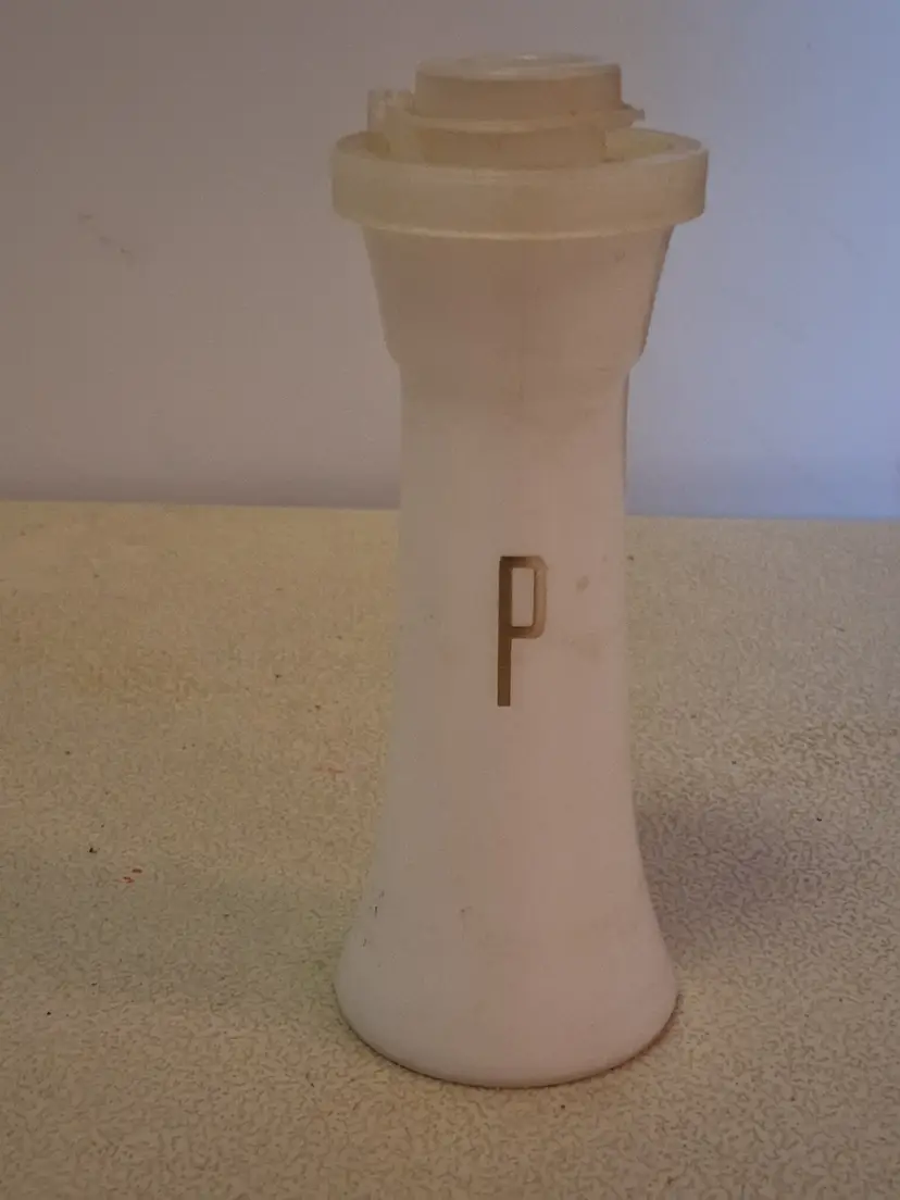 Vintage Tupperware 4" White Plastic Pepper Shaker with Gold Lettering