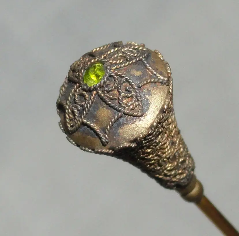 Antique Dainty Repousse Hatpin ~ Raised Metal Overlay w/Chrysoberyl Color Glass Stone