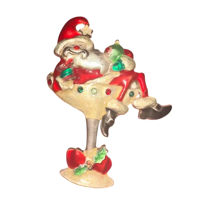 AJMC Silvertone Elf In Martini Glass Brooch Pin