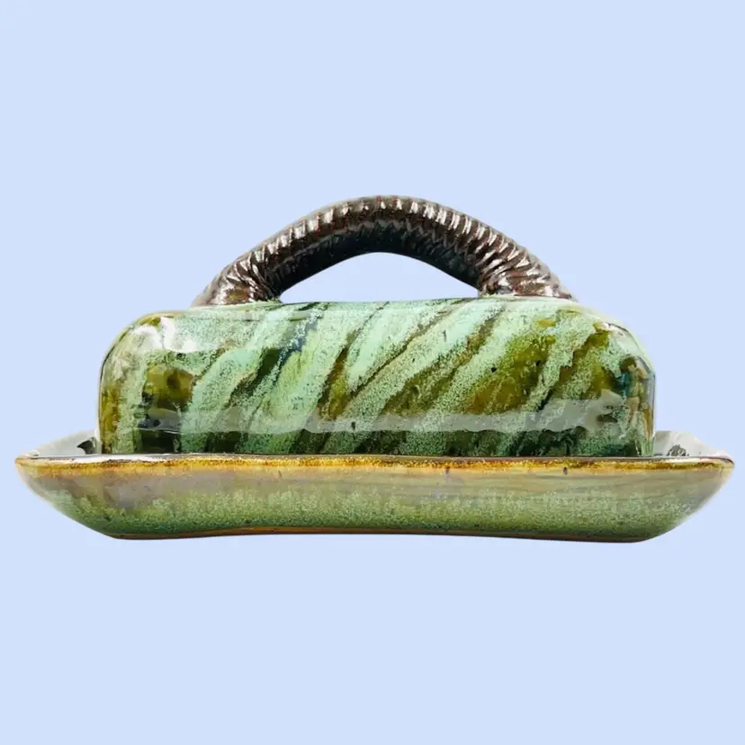 #251- Pottery Butter Dish Signed By Artist Hand Made Green