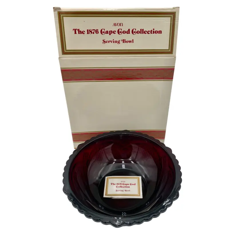 NIB Vintage Avon 1876 Cape Cod Ruby Red Glass Serving Bowl, w/Sleeve & Box, 8.8"