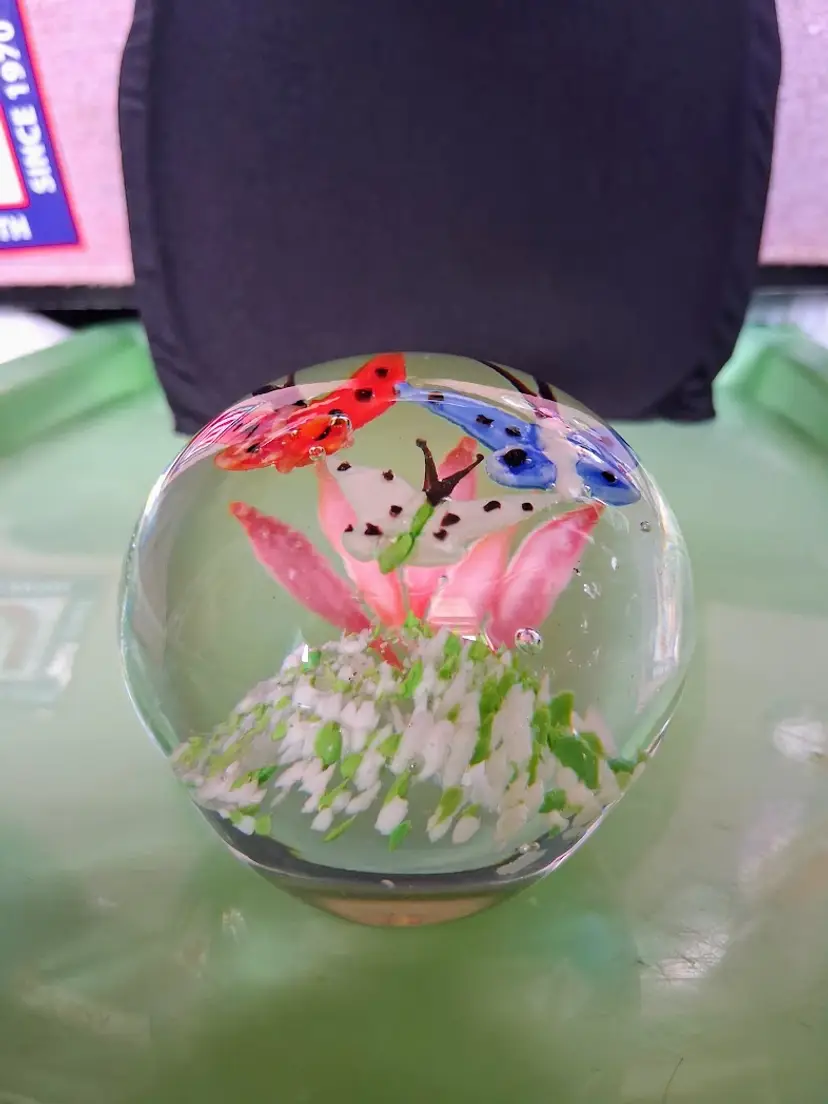 Vintage Art Glass Lampwork, 3 Butterflies Paperweight