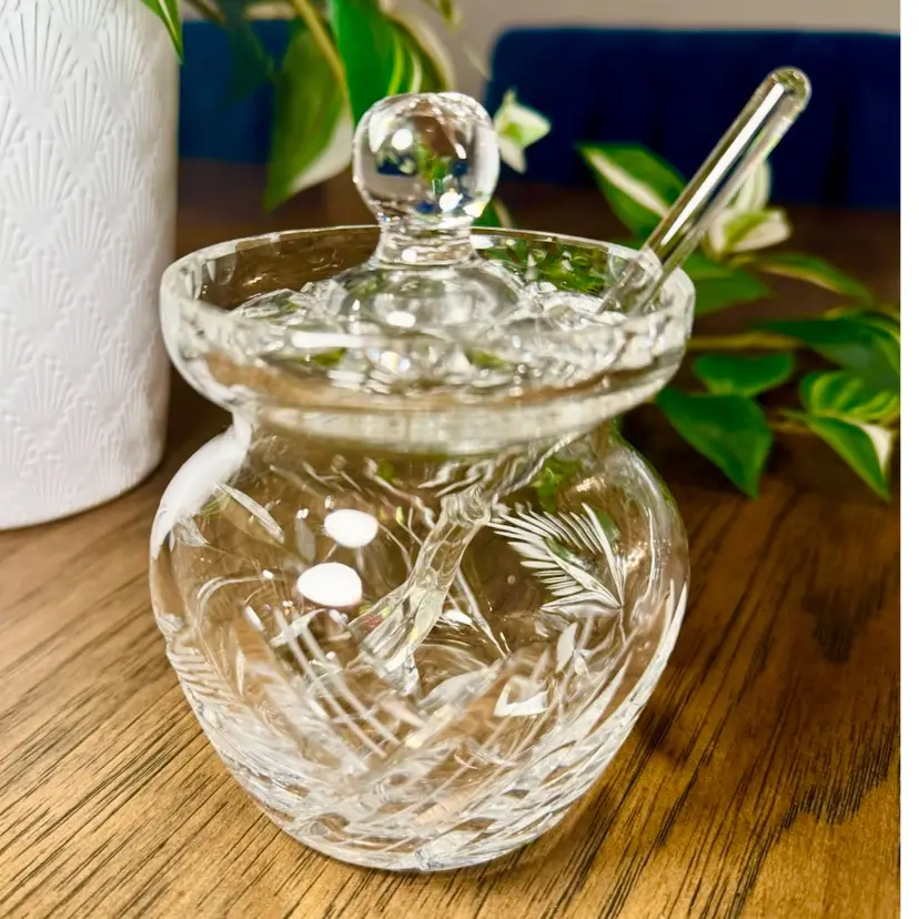 😻 Vintage Cut Crystal Lidded Marmalade Jam Jar w/ Crystal Serving Spoon – 4.5”