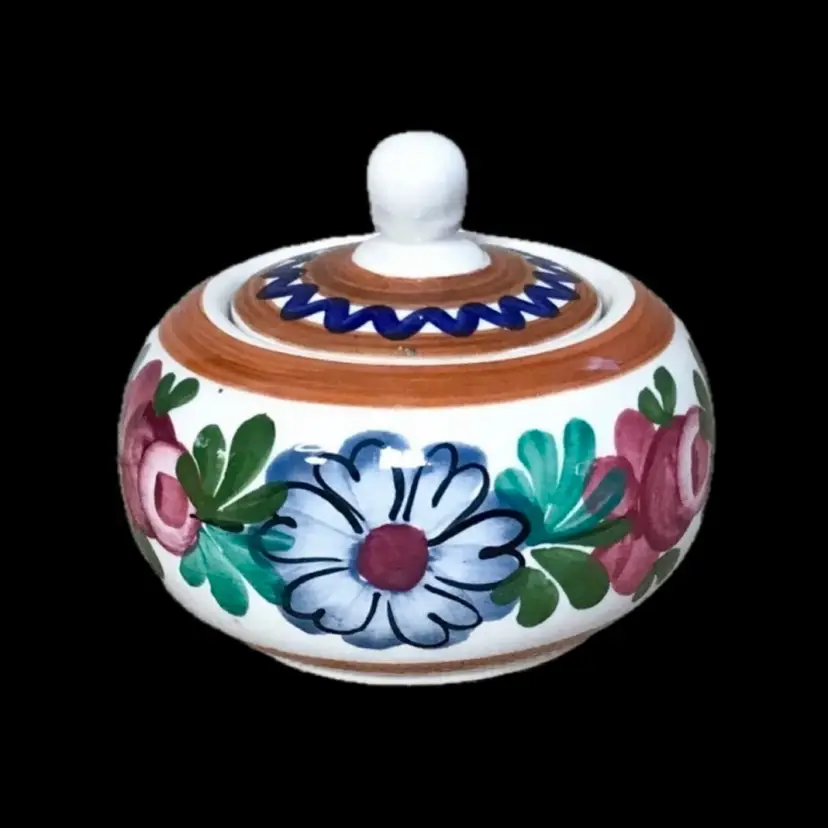 Schwex Austria Hand Painted Majolica Floral Lidded Sugar Bowl Trinket Dish