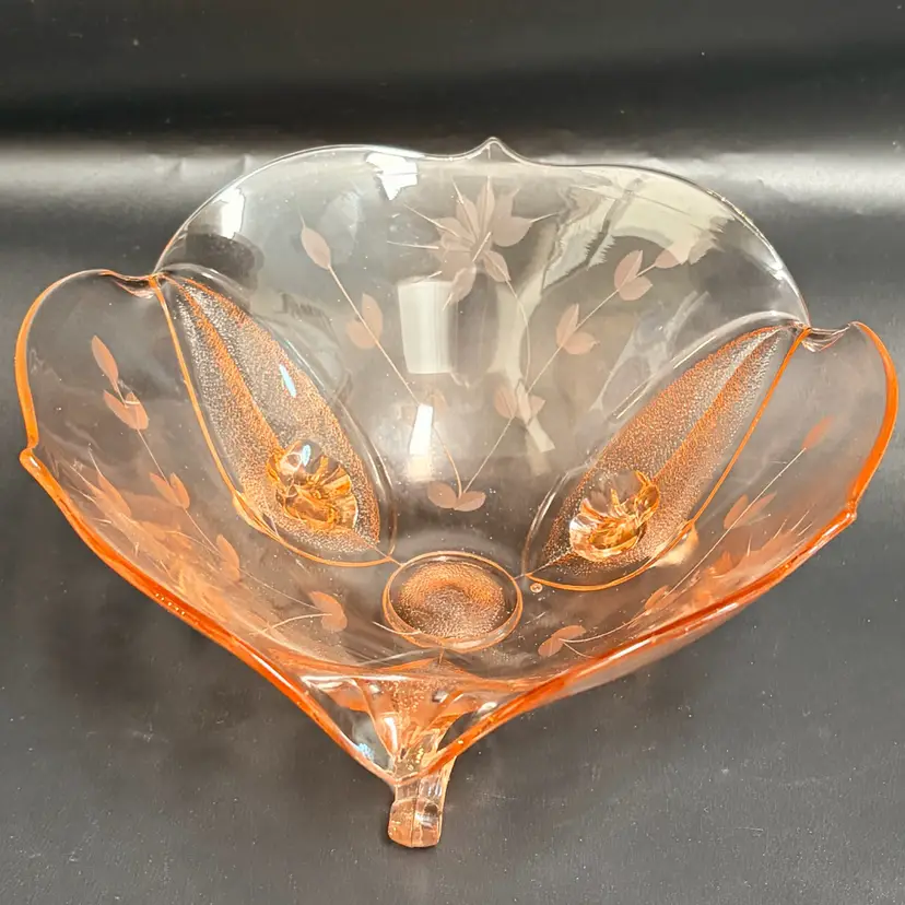 Jubilee Lancaster- Pink Depression Glass Bowl- Vintage- Etched Floral - Three Toed/Footed- 8.5''