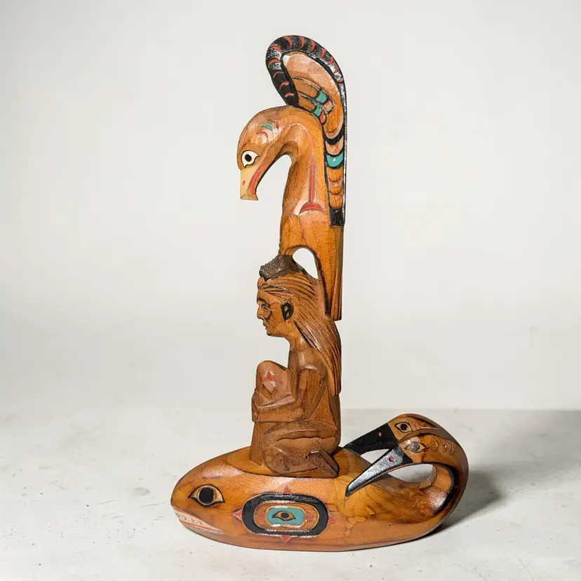 Alaska Black Diamond Carved Wood Totem Pole Whale Song by Ray Moore 12”