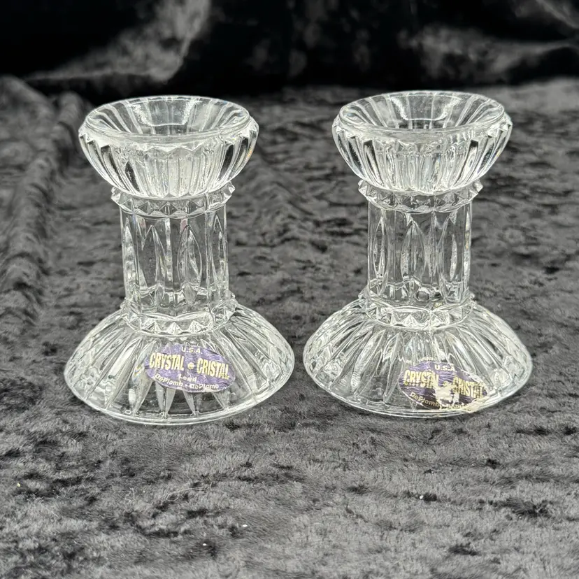 Crystal Taper Candle Holders Set Of 2 Small Round Cut Geometric USA Decor
