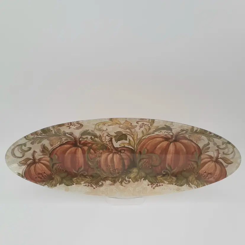 Prima Designs Pumpkins Glass Oval Serving Tray Dish Fall Autumn Thanksgiving Decor