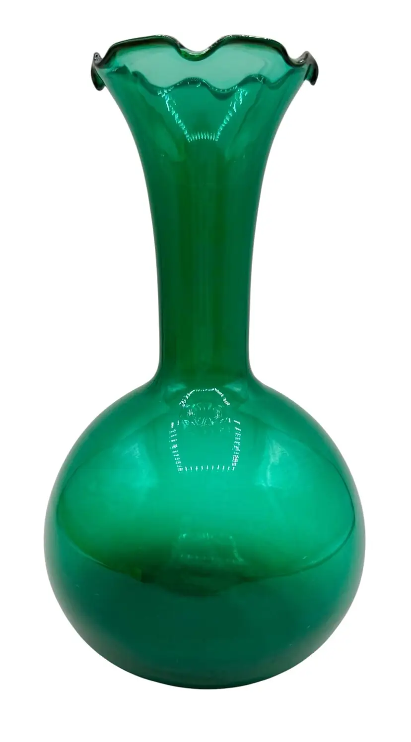 Vintage Art Glass Bulb Vase Teal Green Blue Mid Century Ruffled Rim 7.25”
